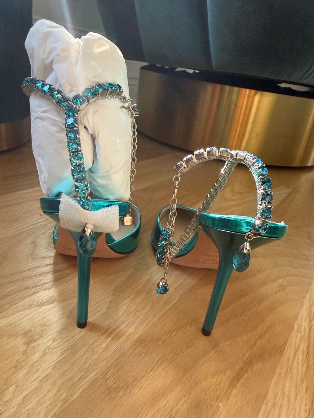Jimmy Choo Saeda 100 Metallic Teal Pointed Toe Heels with Crystal Anklet - Picture 11 of 16